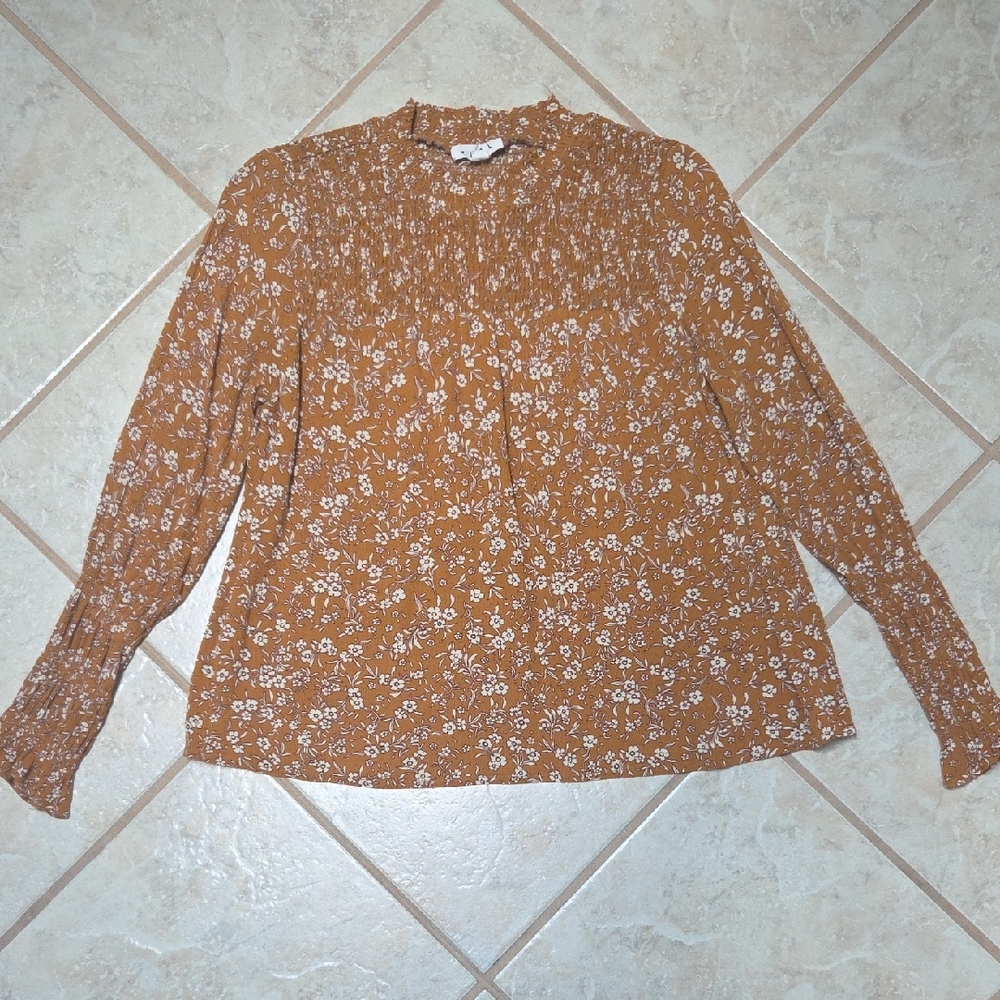 THML Mustard Floral Long Sleeve Smocked Neck Blouse